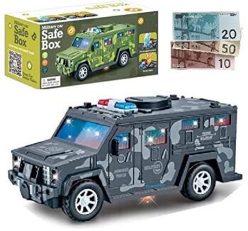 Multicolor Military Truck Piggy Bank for Kids - Bump N Go Safe Box with Lights & Sound, Modern Money Saving Box